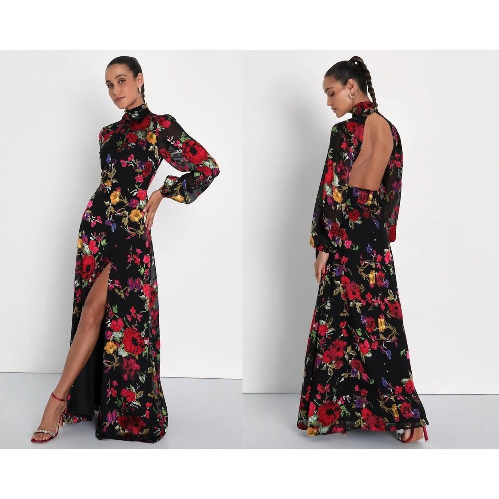 Lulus Graceful Arrival Black Floral Burnout Backless Maxi Dress Size Medium